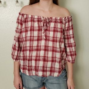 Entro Red & White Off The Shoulder Plaid Top - Size L